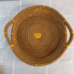 Pine Needle Woven Basket Yellow Brown Cottagecore Round Basket 2 Handles 11"